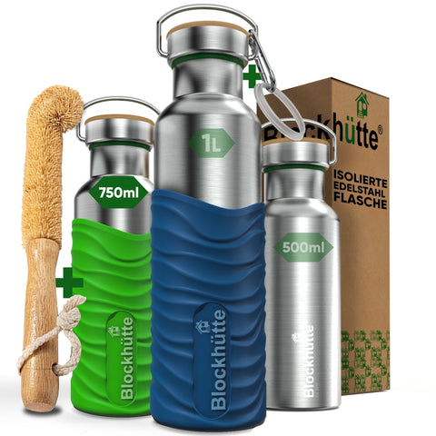 Premium Edelstahl Trinkflasche isoliert mit Silikonmantel - Blockhütte - BH0007-GIFTGRUEN