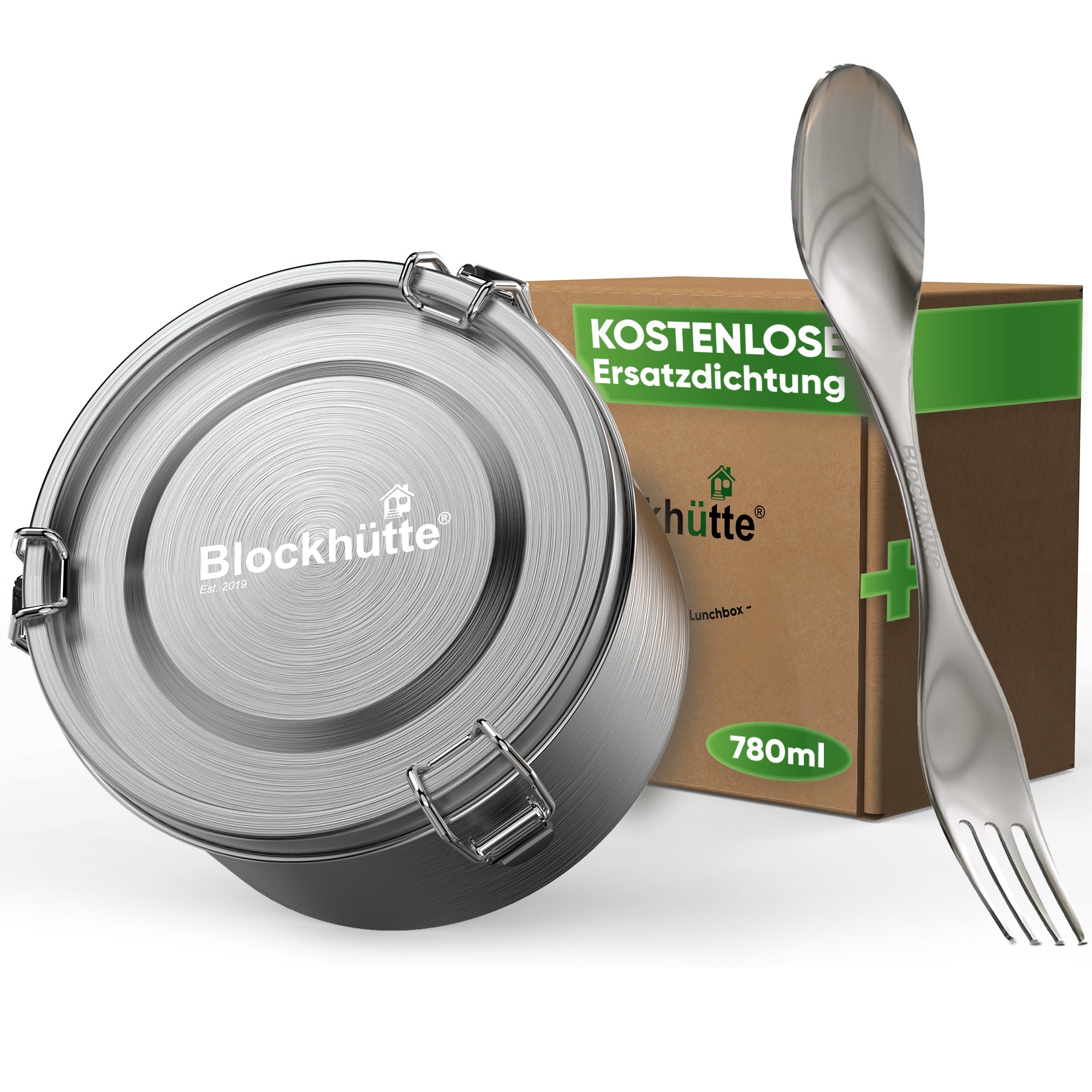 Runde Lunchbox aus Edelstahl mit Dichtung & Löffel - Blockhütte - BH0029
