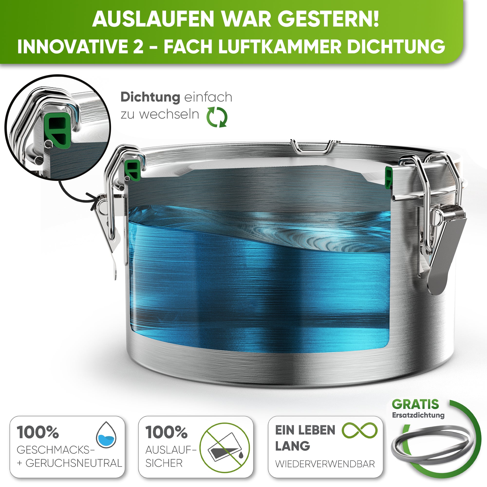 Runde Lunchbox aus Edelstahl mit Dichtung & Löffel | 780ml |