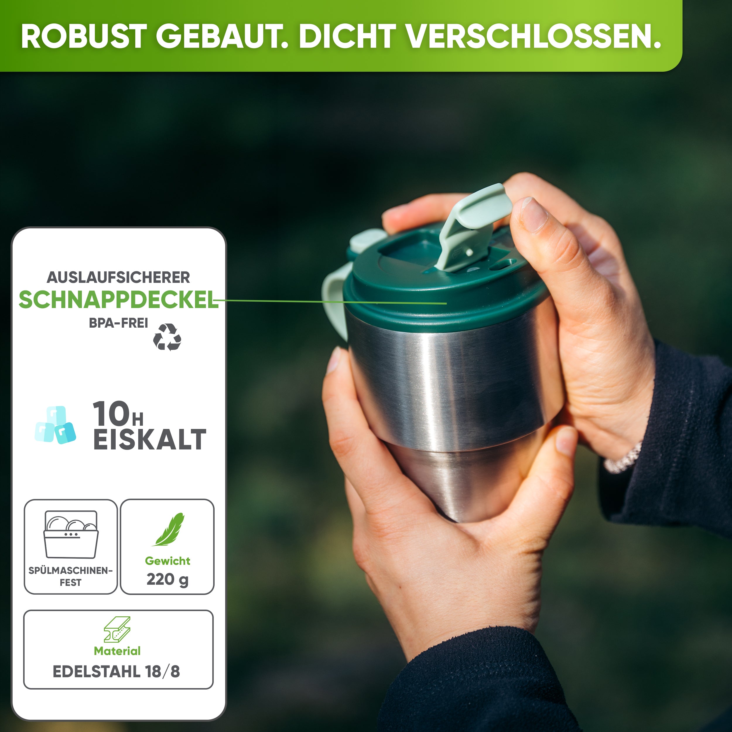 Isolierter Edelstahl Thermobecher für Kaffee und Tee – Dunkelgrün, 350ml, Ansicht 1