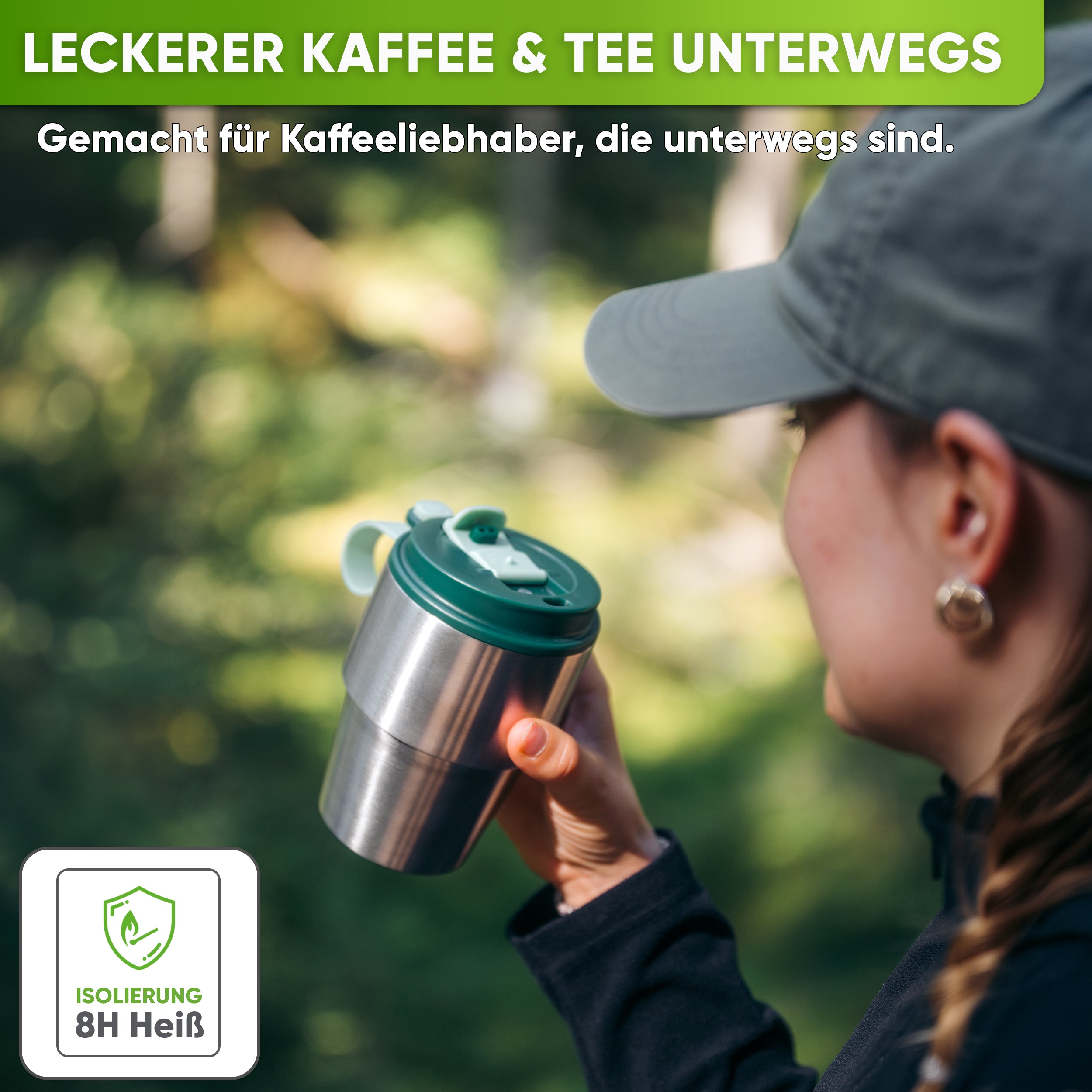 Isolierter Edelstahl Thermobecher für Kaffee und Tee – Dunkelgrün, 350ml, Ansicht 4