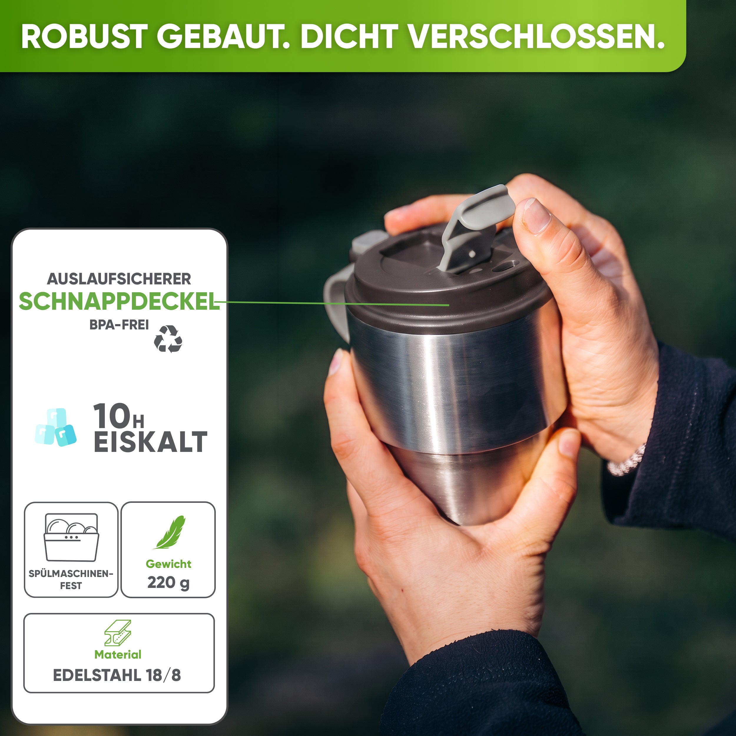 Isolierter Edelstahl Thermobecher für Kaffee und Tee – Braun, 350ml, Ansicht 1