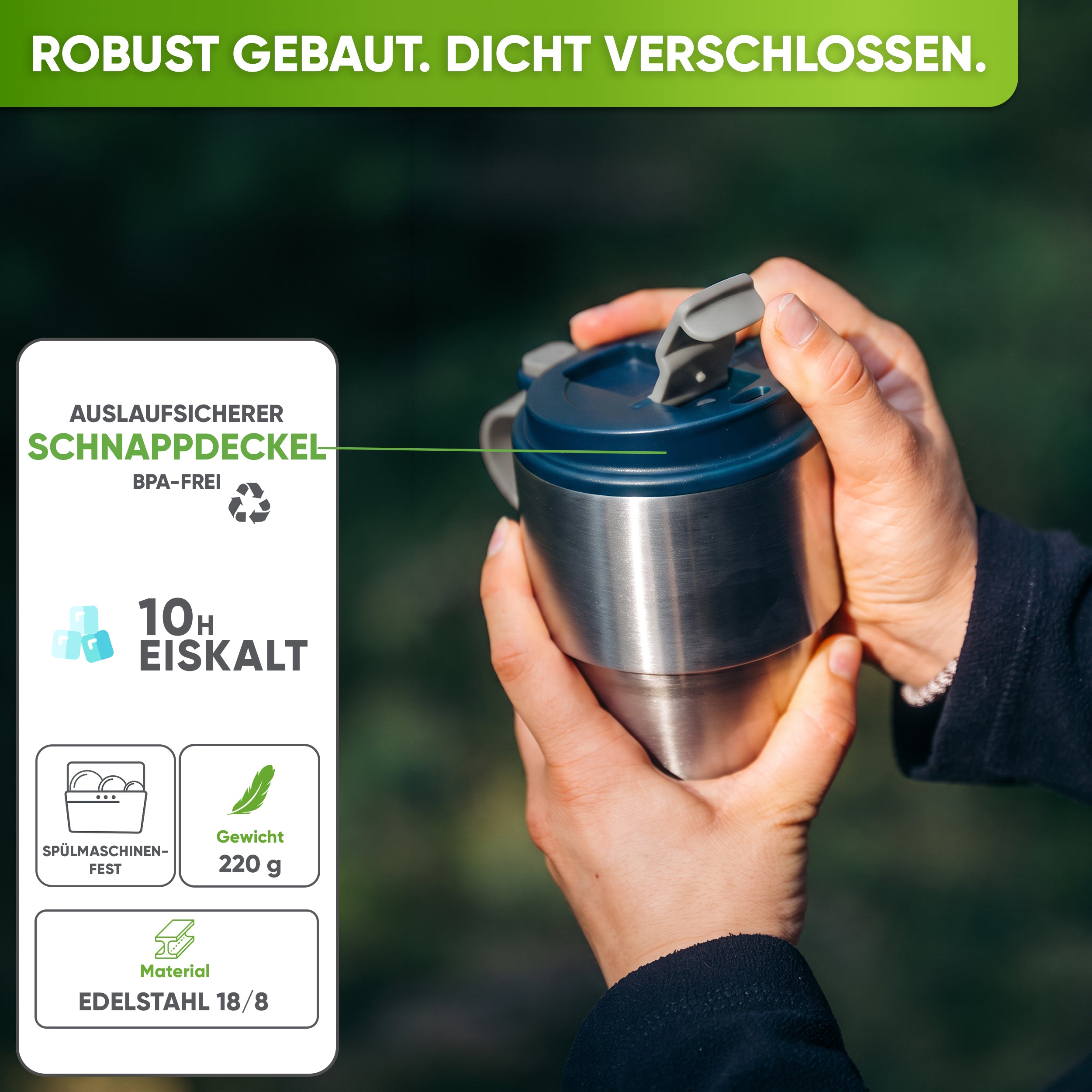 Isolierter Edelstahl Thermobecher für Kaffee und Tee – Dunkelblau, 350ml, Ansicht 1
