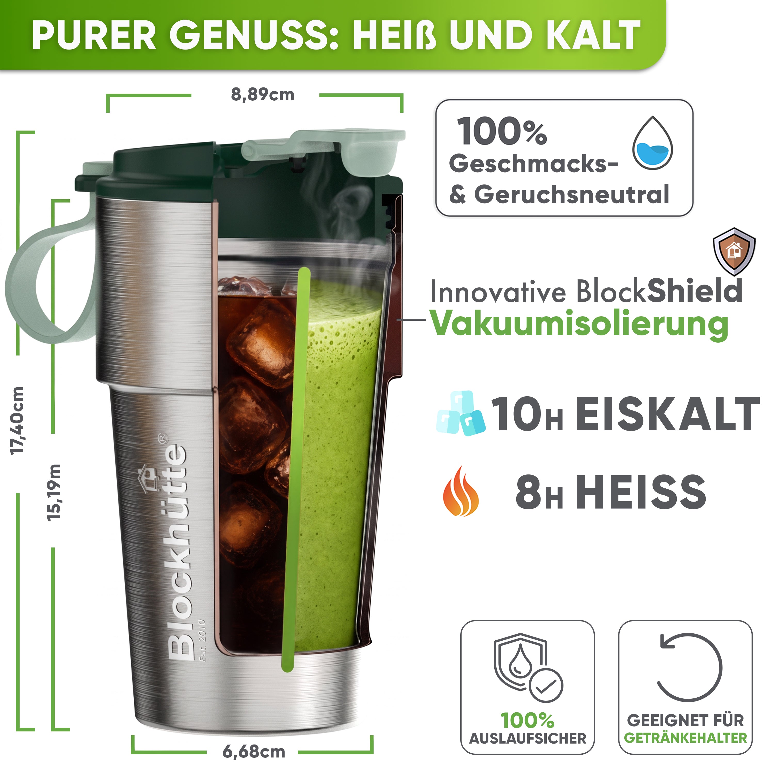 Isolierter Edelstahl Thermobecher für Kaffee und Tee – Dunkelgrün, 500ml, Ansicht 3