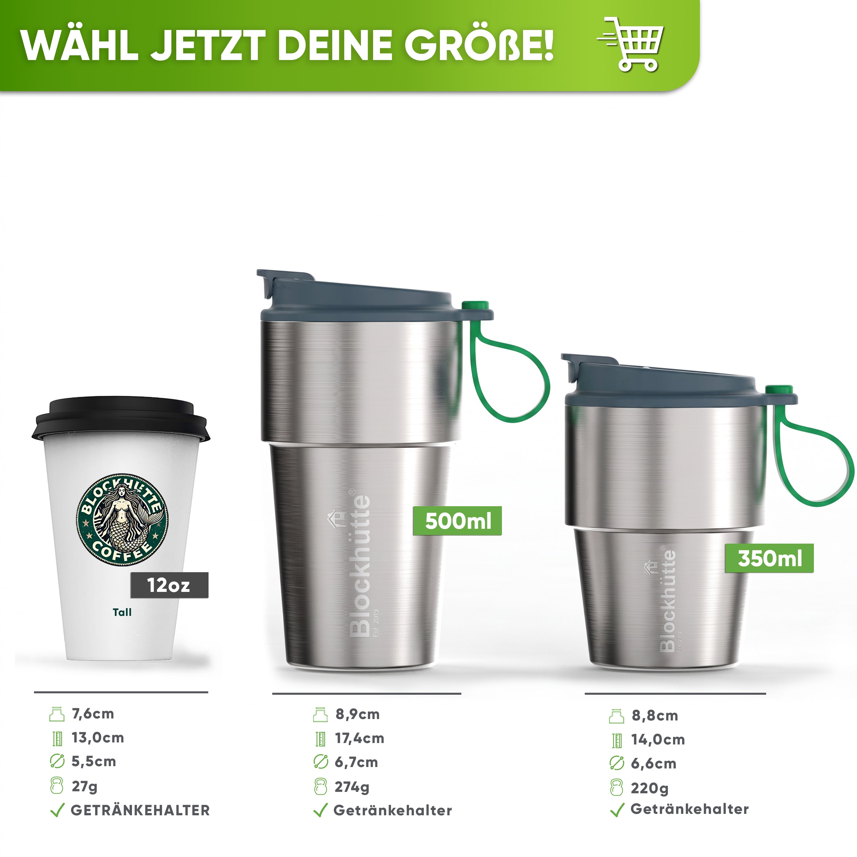 Isolierter Edelstahl Thermobecher für Kaffee und Tee – Grau, 350ml, Ansicht 2