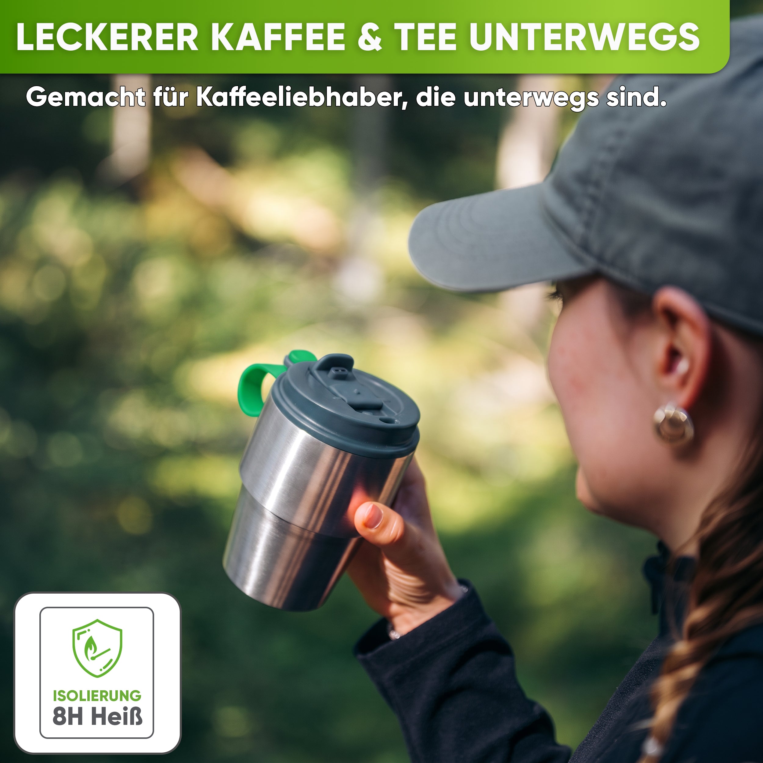 Isolierter Edelstahl Thermobecher für Kaffee und Tee – Grau, 350ml, Ansicht 4