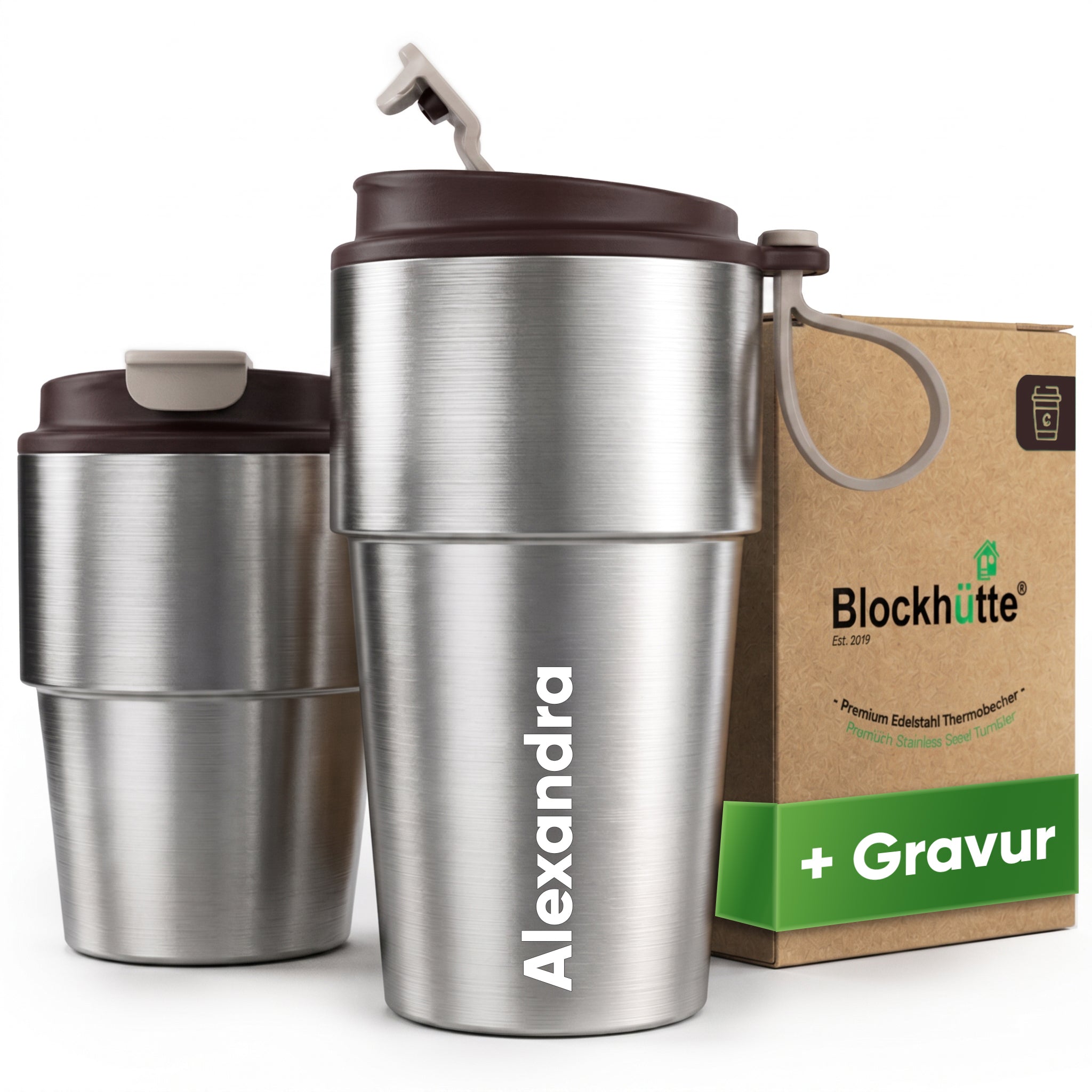 Edelstahl Isolier-Thermobecher mit Namensgravur für Kaffee & Tee – Braun, 350ml