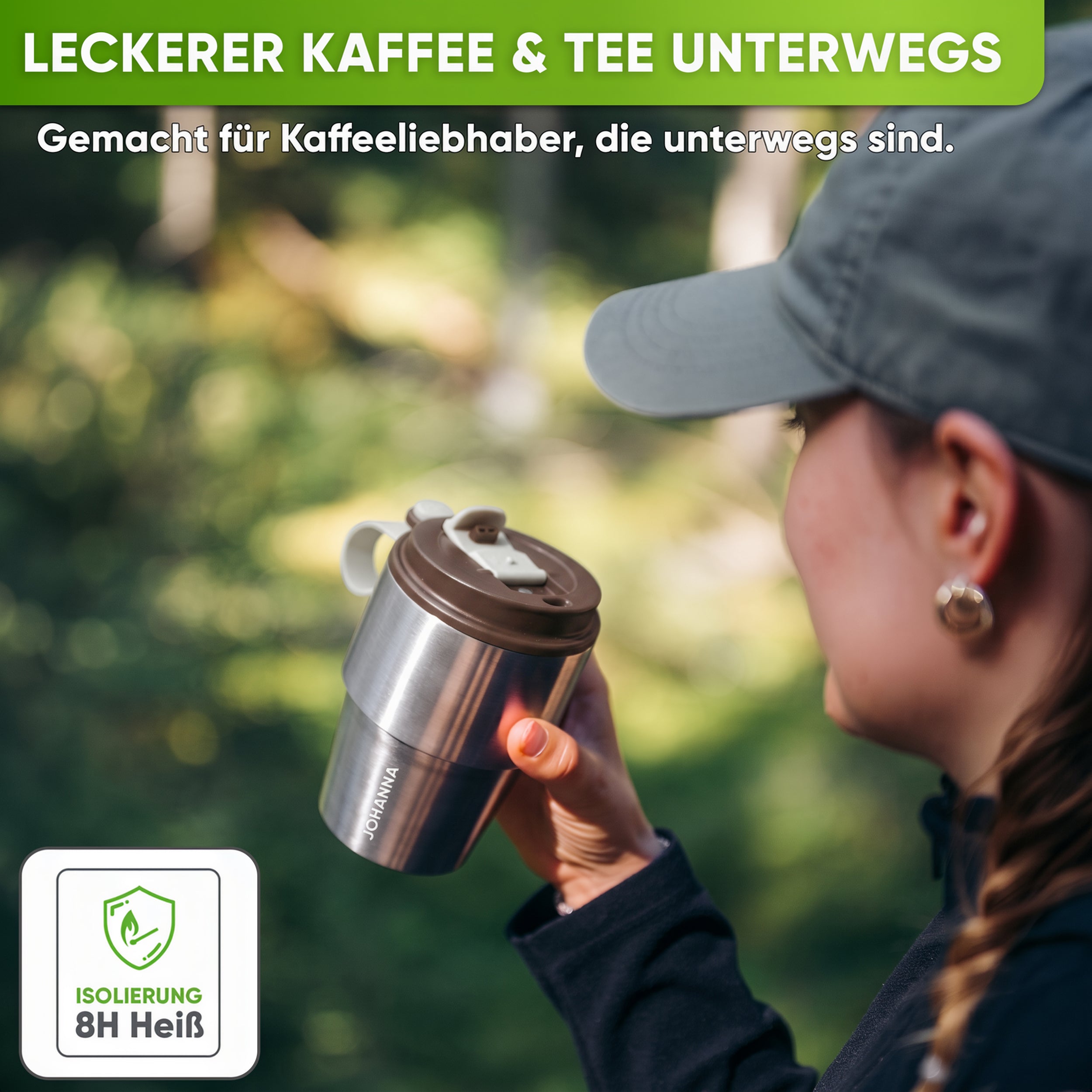 Edelstahl Isolier-Thermobecher mit Namensgravur für Kaffee & Tee – Braun, 350ml, Ansicht 2