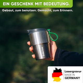 Edelstahl Isolier-Thermobecher mit Namensgravur für Kaffee & Tee – Grau, 350ml, Ansicht 1