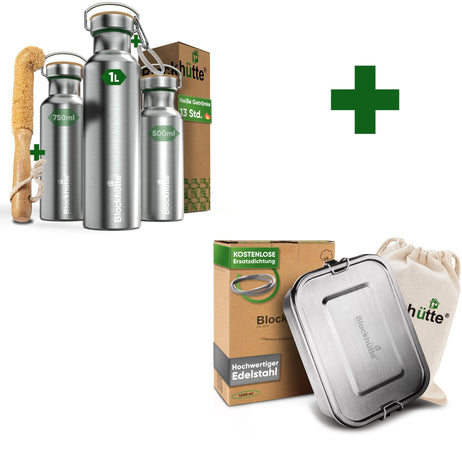 Abenteuer Bundle - Edelstahl Brotdose + Edelstahl Trinkflasche - Blockhütte - BH0001+BH0006