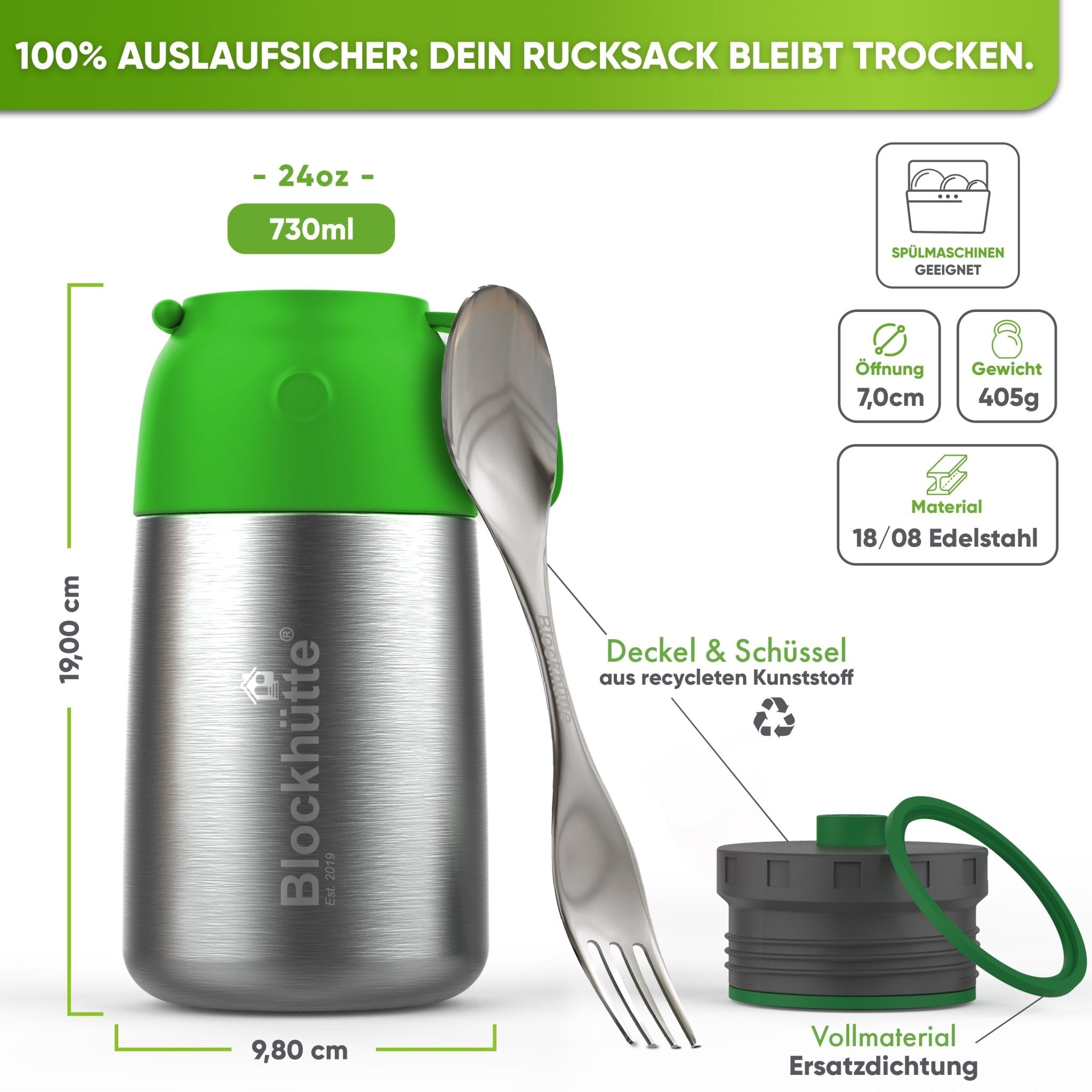 Edelstahl Thermobehälter für Essen | Giftgrün | 1000ml