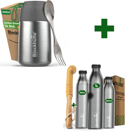 Freizeit Bundle - Edelstahl Thermobehälter + Edelstahl Sport Trinkflasche - Blockhütte - BH0024+BH0016