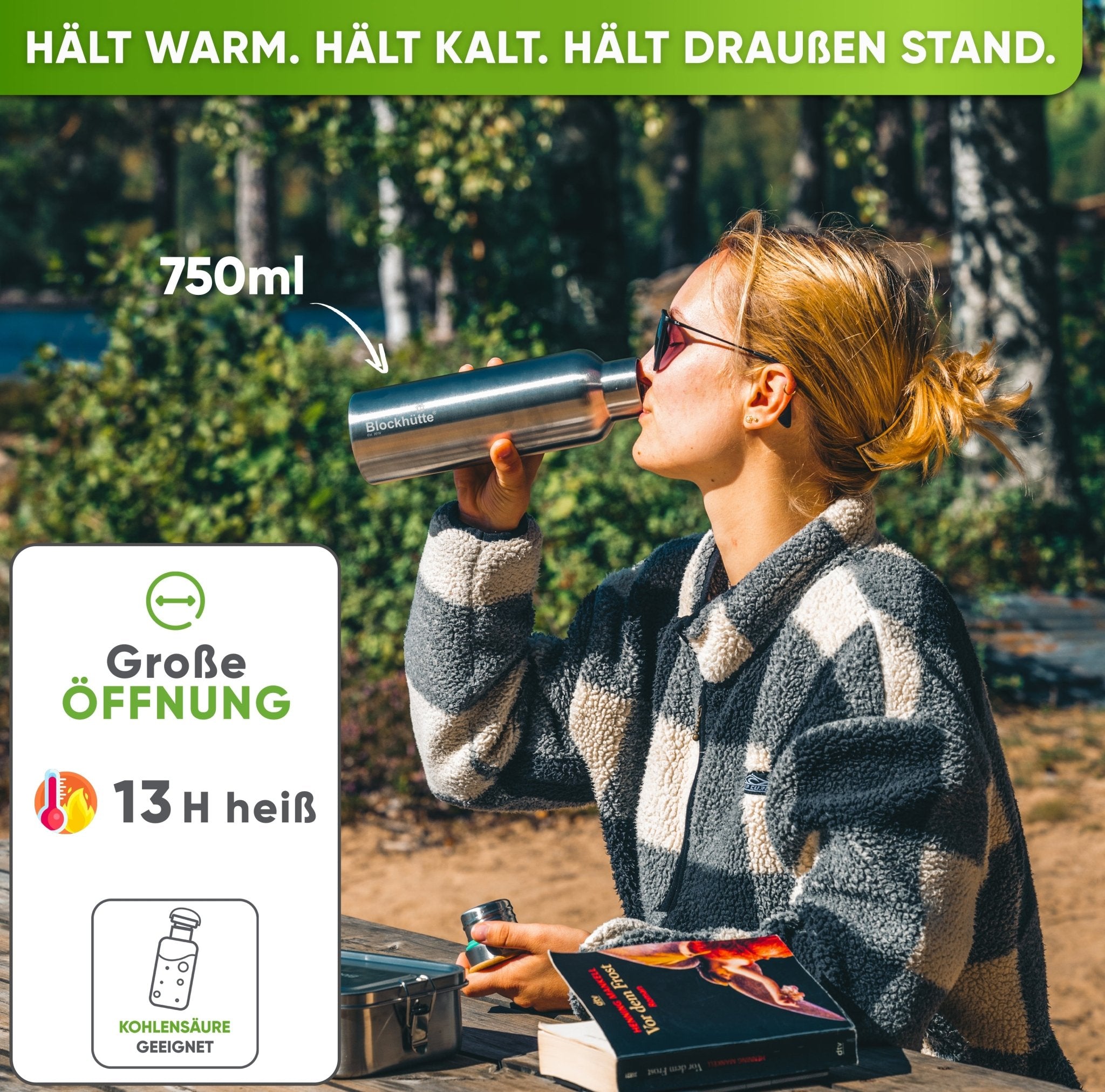 Premium Edelstahl Trinkflasche isoliert - Blockhütte - BH0013