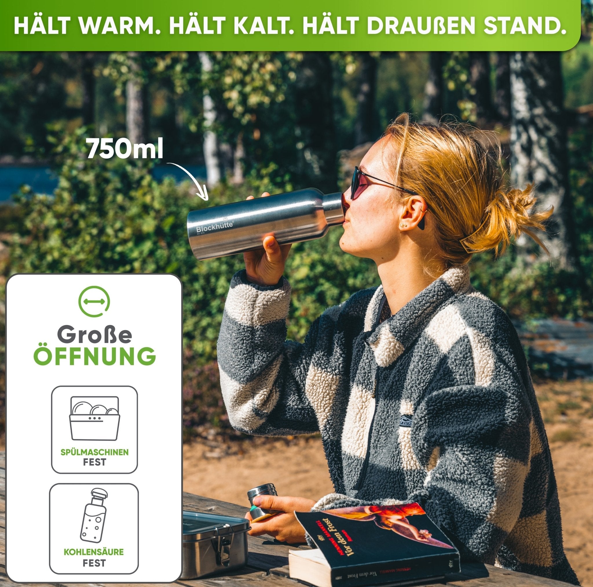 Premium Edelstahl Trinkflasche isoliert mit [GRATIS Bürste] - Blockhütte - BH0013