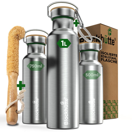 Premium Edelstahl Trinkflasche isoliert mit [GRATIS Bürste] - Blockhütte - BH0013