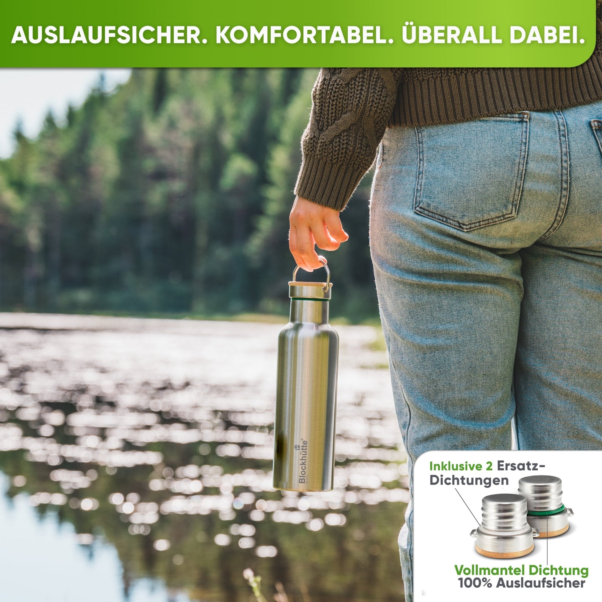 Premium Edelstahl Trinkflasche isoliert mit [GRATIS Bürste] - Blockhütte - BH0013