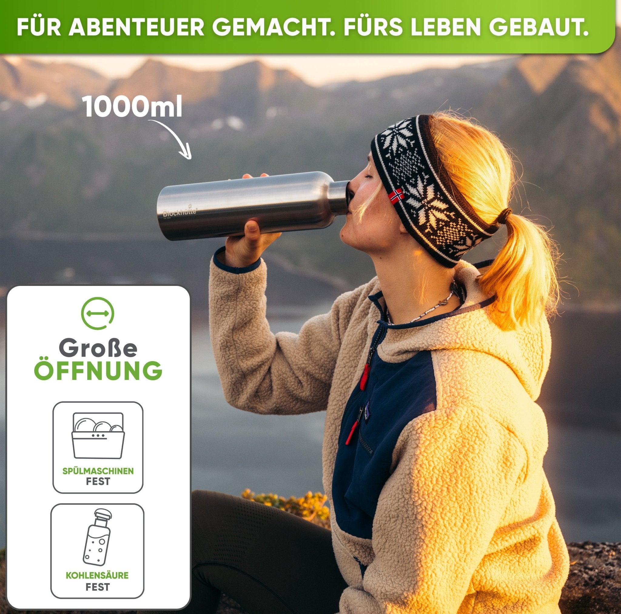 Premium Edelstahl Trinkflasche isoliert mit [GRATIS Bürste] - Blockhütte - BH0013