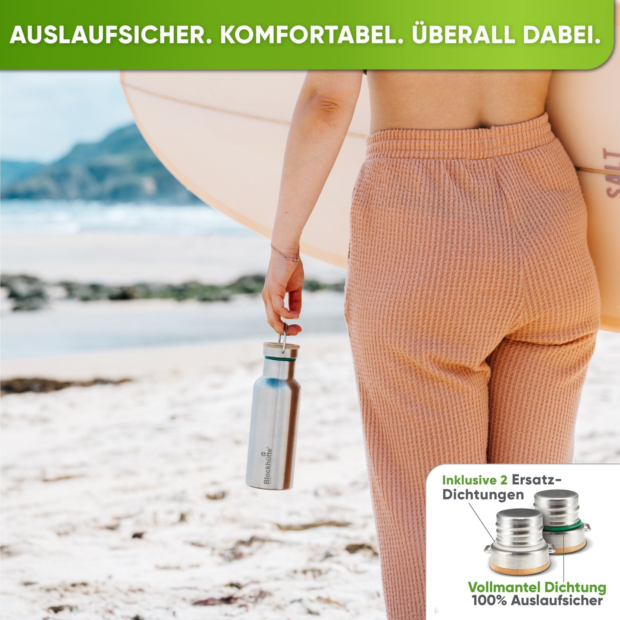 Premium Edelstahl Trinkflasche isoliert mit [GRATIS Bürste] - Blockhütte - BH0013