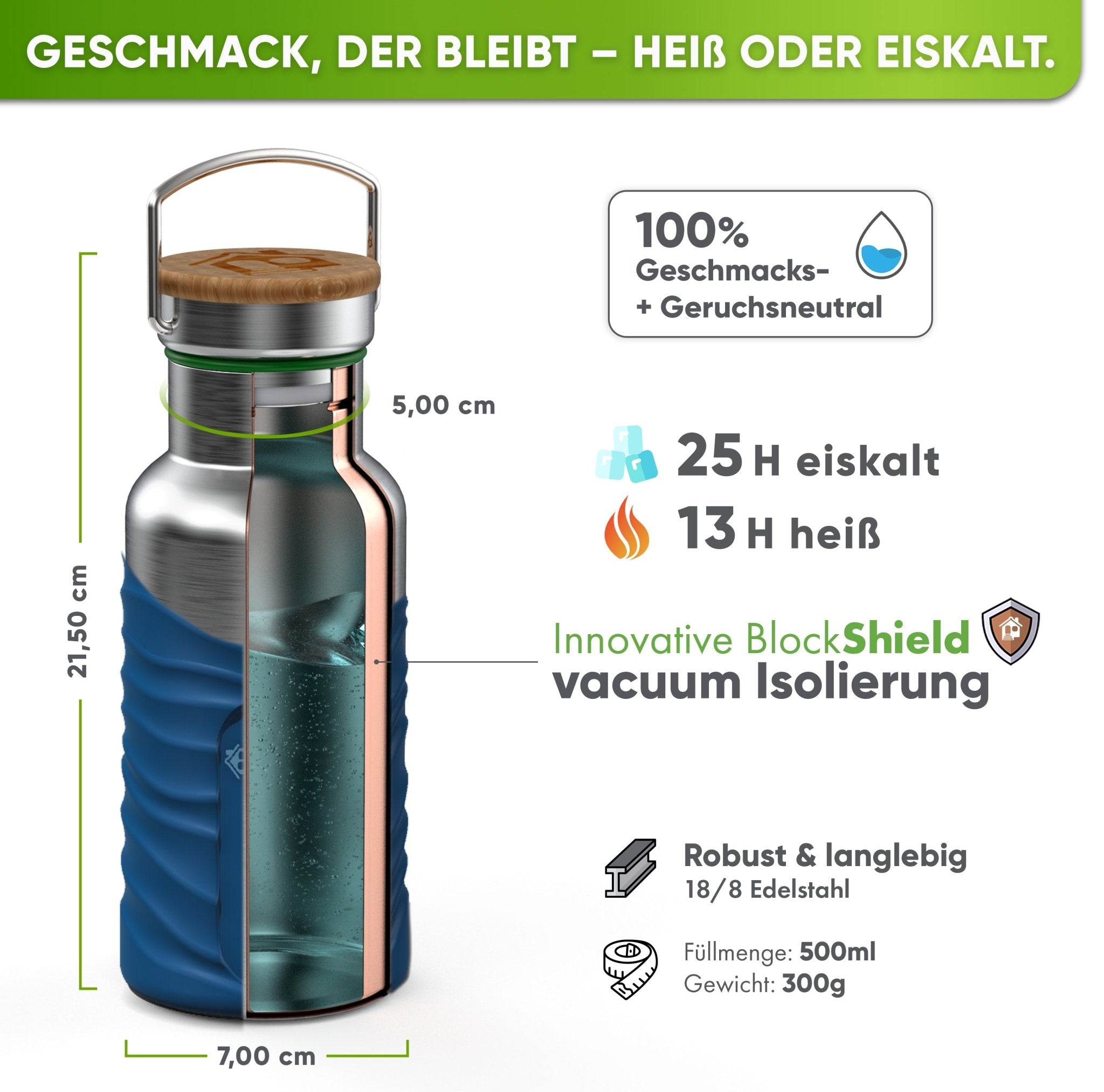 Borraccia termica in acciaio inox con guaina in silicone | 500ml | blu | isolamento e misure