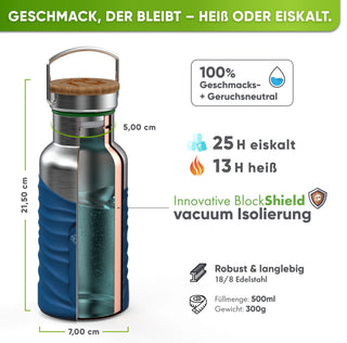 Borraccia termica in acciaio inox con guaina in silicone | 500ml | blu | isolamento e misure