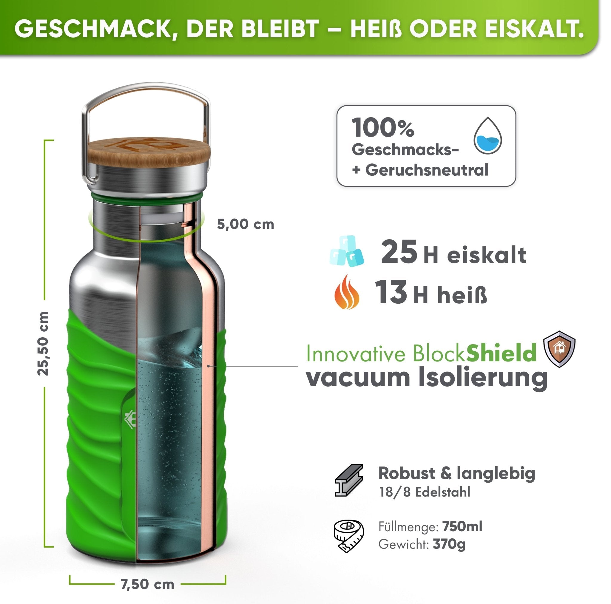 Borraccia termica in acciaio inox con guaina in silicone | 750ml | verde acido | isolamento e misure