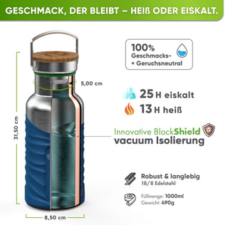 Borraccia termica in acciaio inox con guaina in silicone | 1000ml | blu | isolamento e misure
