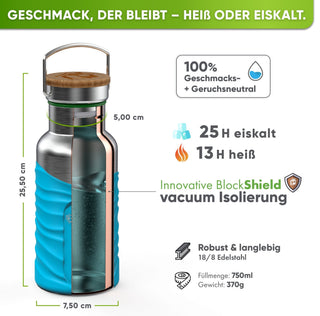 Borraccia termica in acciaio inox con guaina in silicone | 750ml | turchese | isolamento e misure