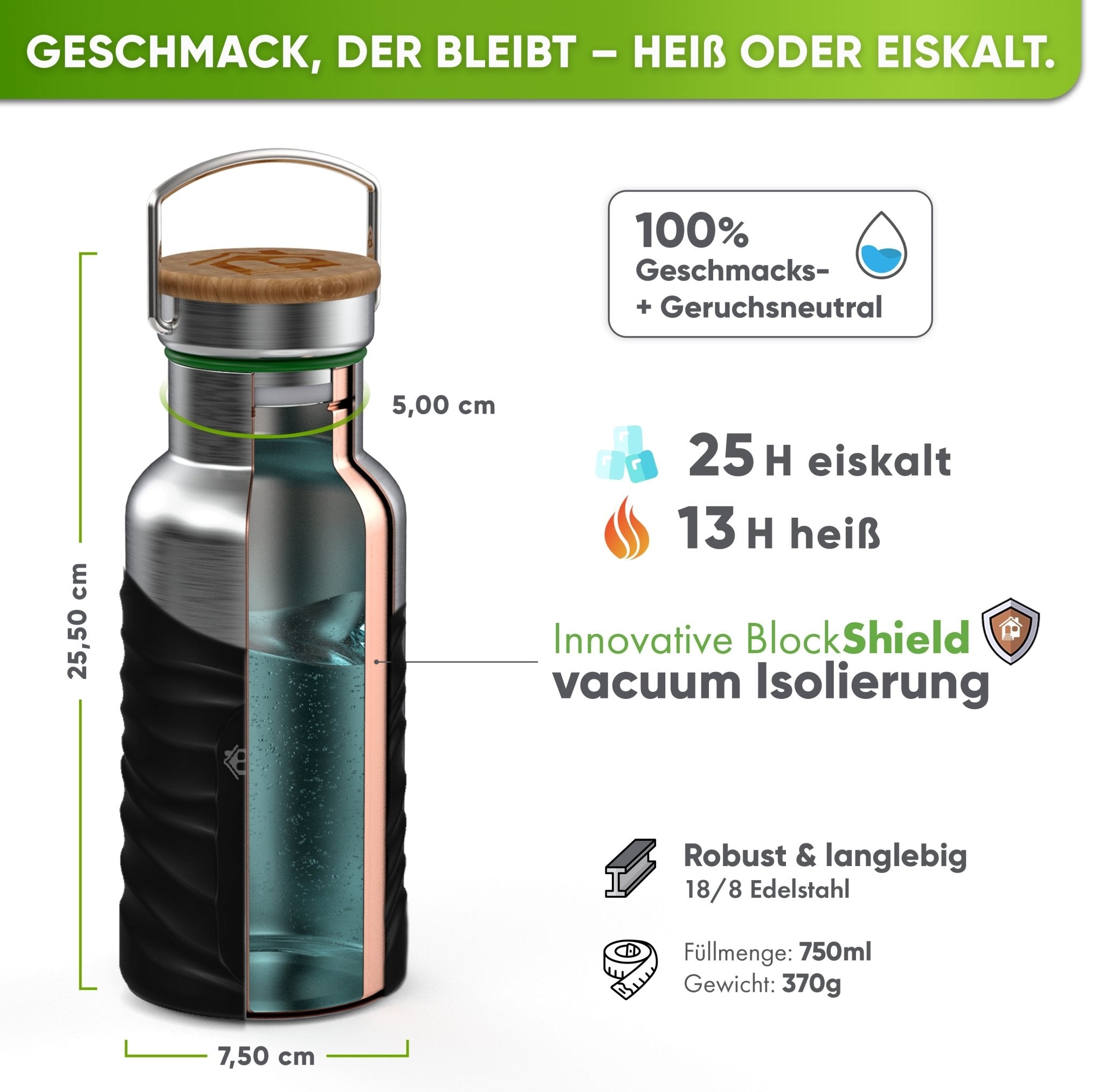Borraccia termica in acciaio inox con guaina in silicone | 750ml | nero | isolamento e misure