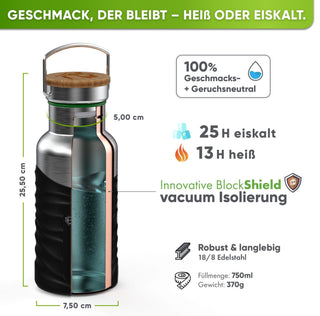 Borraccia termica in acciaio inox con guaina in silicone | 750ml | nero | isolamento e misure