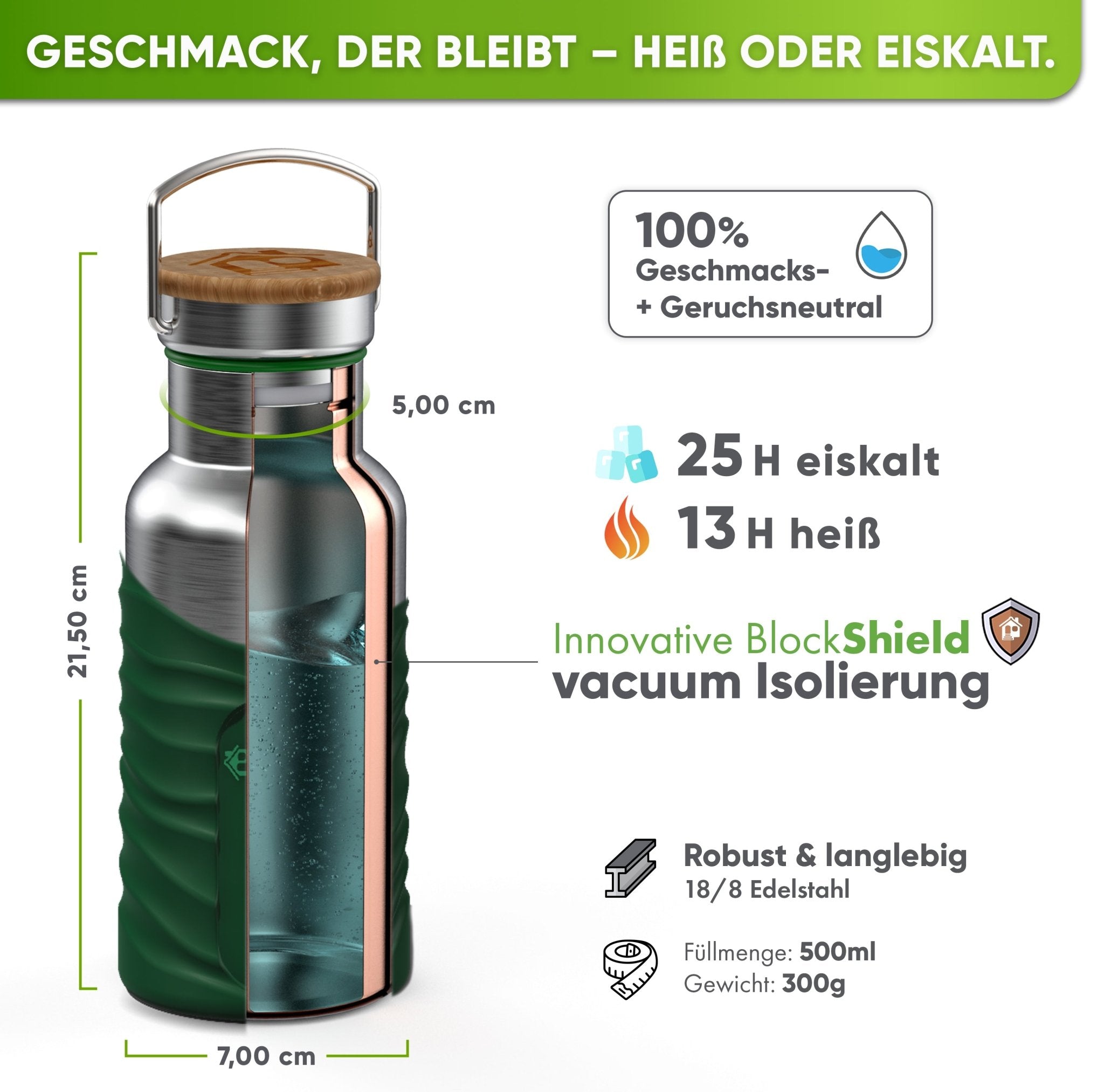 Borraccia termica in acciaio inox con guaina in silicone | 500ml | verde scuro | isolamento e misure