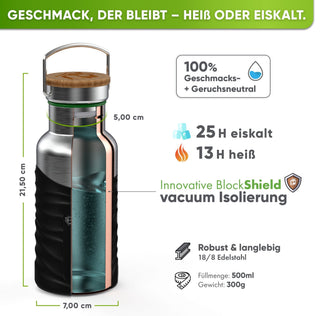 Borraccia termica in acciaio inox con guaina in silicone | 500ml | nero | isolamento e misure