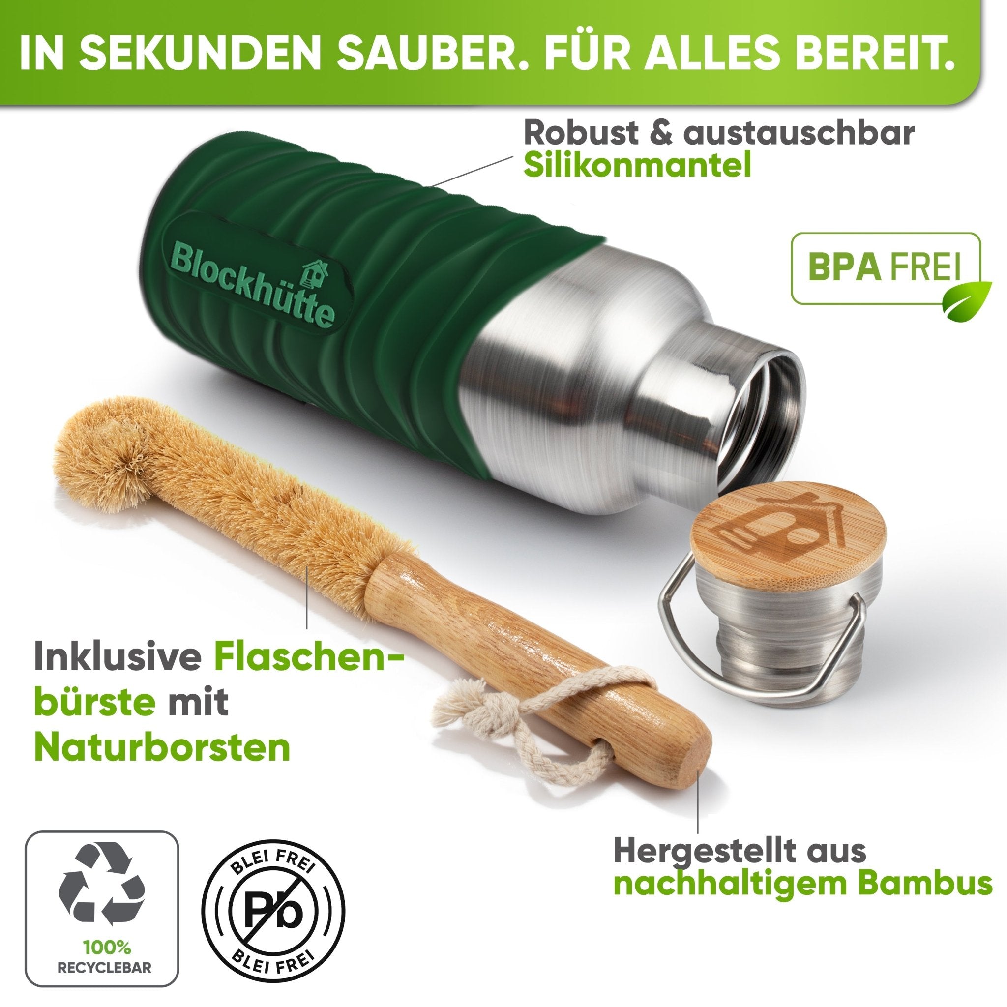 Borraccia termica in acciaio inox con guaina in silicone | verde scuro | scovolino e guaina in silicone
