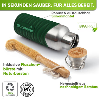 Borraccia termica in acciaio inox con guaina in silicone | verde scuro | scovolino e guaina in silicone