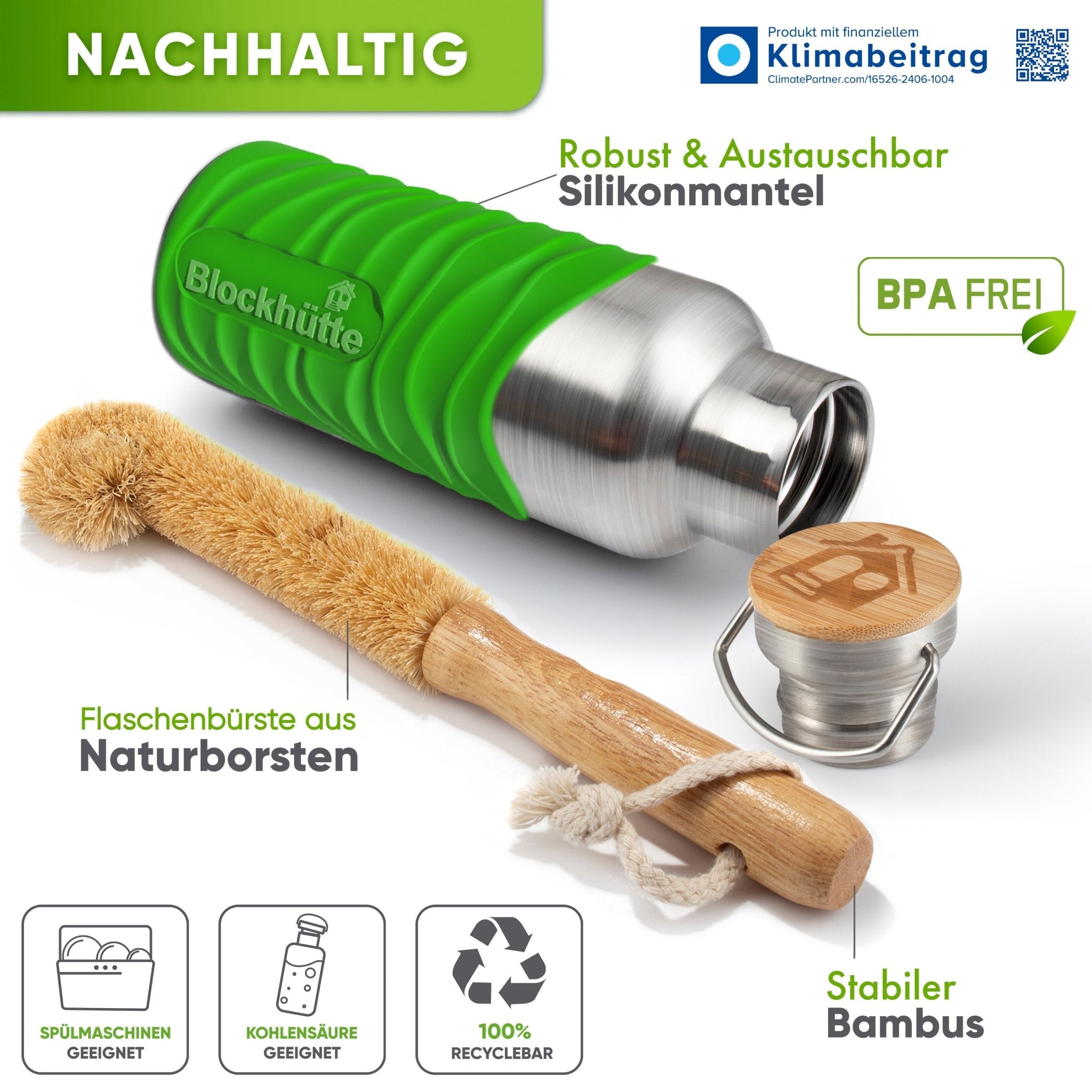Premium Edelstahl Trinkflasche isoliert mit Silikonmantel | 750ml | Dunkelgrün
