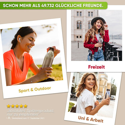 Premium Edelstahl Sport Trinkflasche isoliert mit [GRATIS Naturborsten - Bürste] | 1000ml |